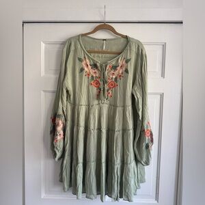 Free People Spell On You Embroidered Mini Dress Sage Green Boho Size Small